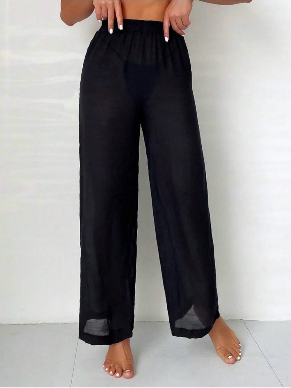 SHEIN High Rise Tulip Mesh Sheer Cover Up Wide Leg Pants Black Size Small